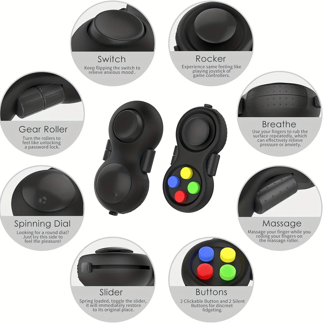 Fidget Pad with 8 Fidget Functions, Fidget Controller Stress Reducer, Fidget Toy Cube Relieves Stress and Anxiety Toys